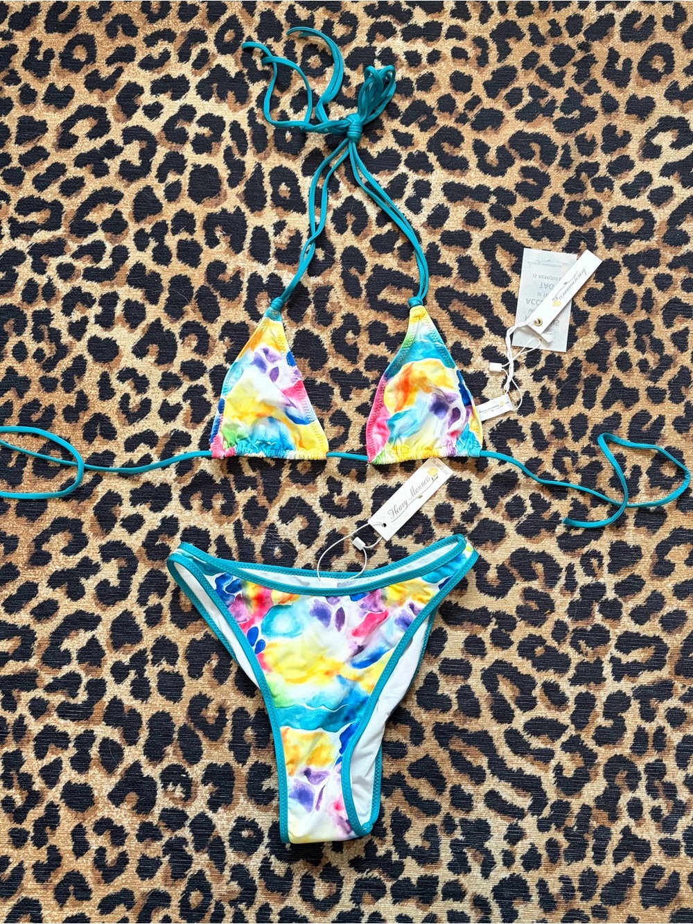 Heavy Manners Multicolor Tie-Dye Triangle Bikini with Teal Trim